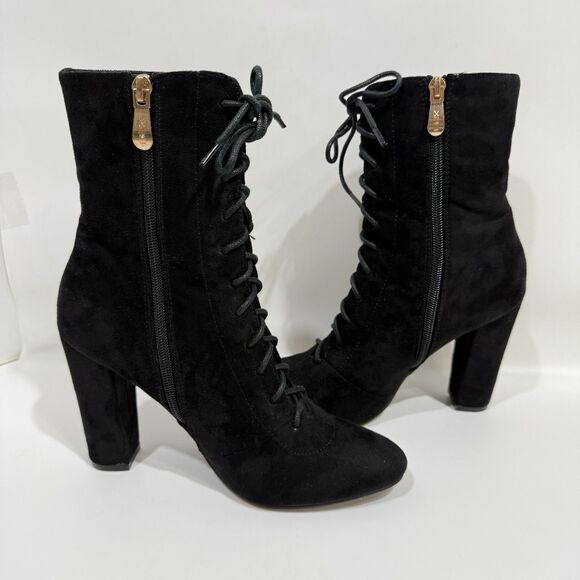 X2B Booties Woman 7 Lace Black Lace Up Block Heel Side Zipper Faux Suede - Picture 10 of 16